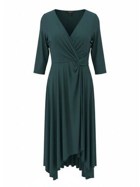 Perceptions Hunter Green Faux Wrap Midi Dress Size XL Asymmetric Jersey Party